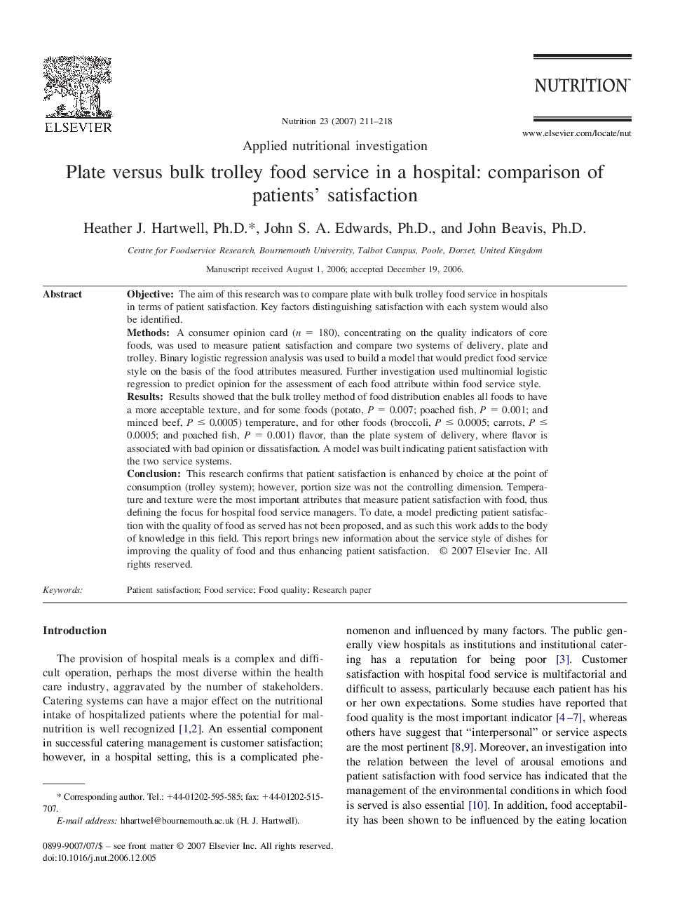 Plate versus bulk trolley food service in a hospital: comparison of patients’ satisfaction