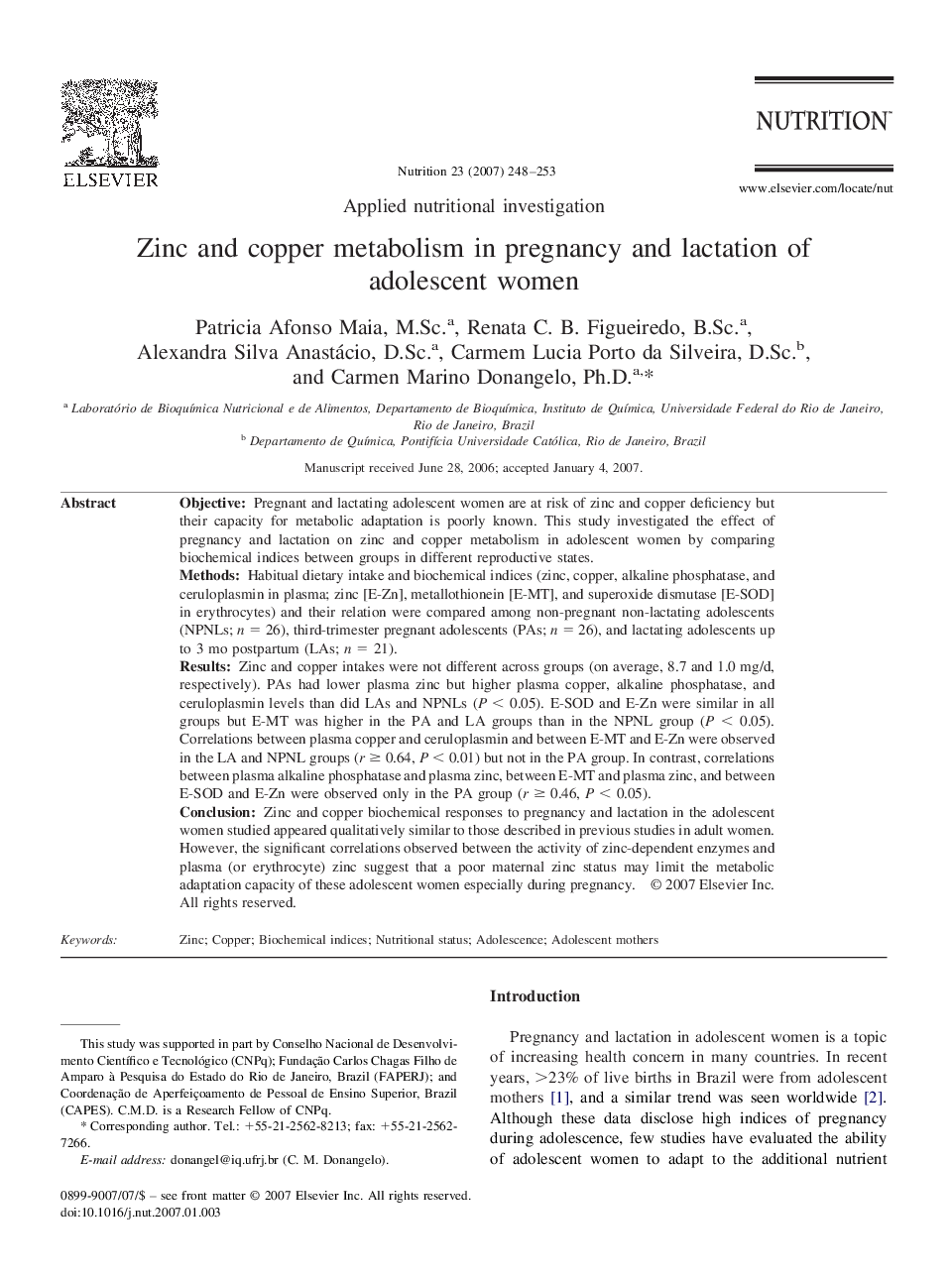 Zinc and copper metabolism in pregnancy and lactation of adolescent women 