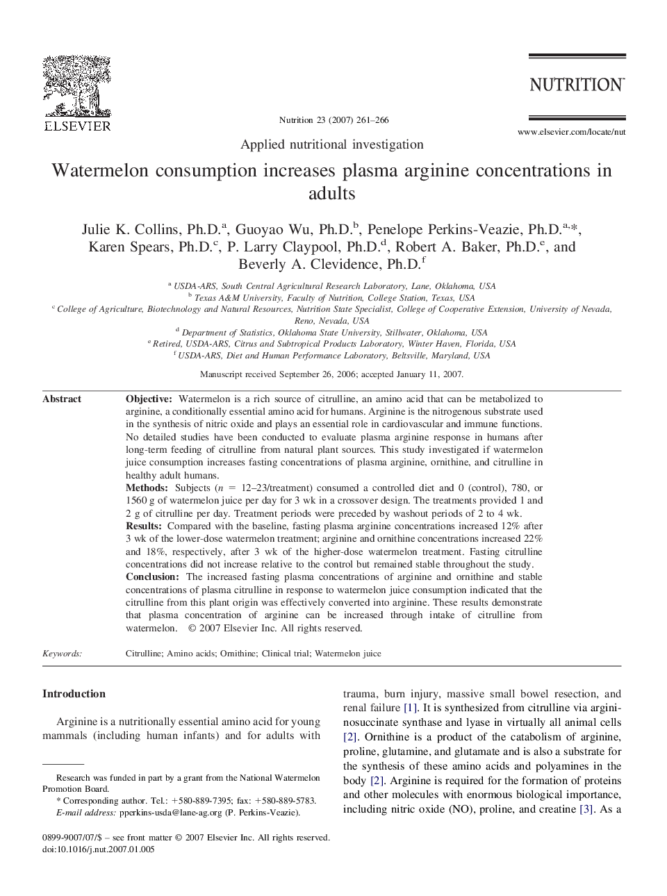 Watermelon consumption increases plasma arginine concentrations in adults 