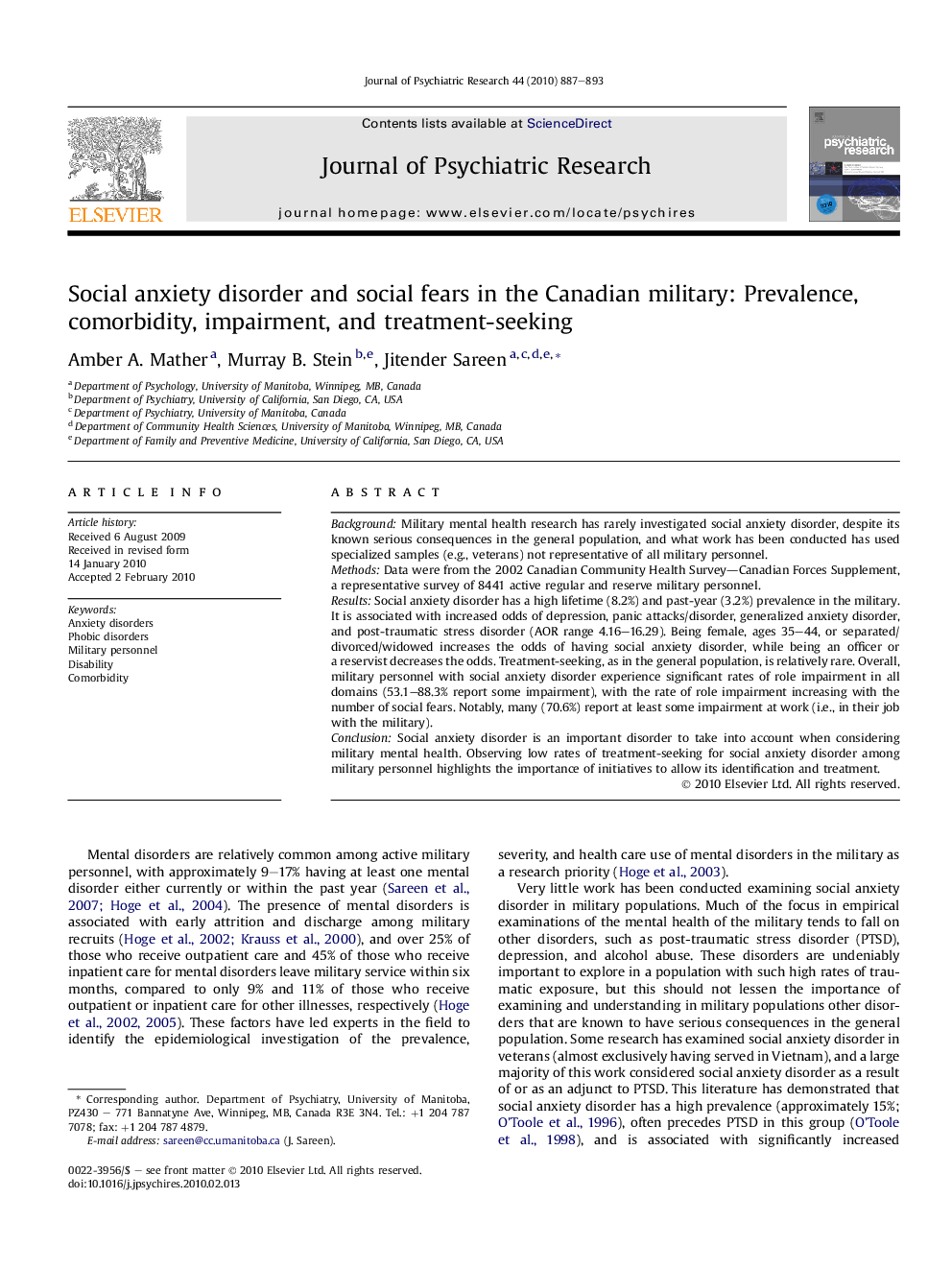 Social anxiety disorder and social fears in the Canadian military: Prevalence, comorbidity, impairment, and treatment-seeking