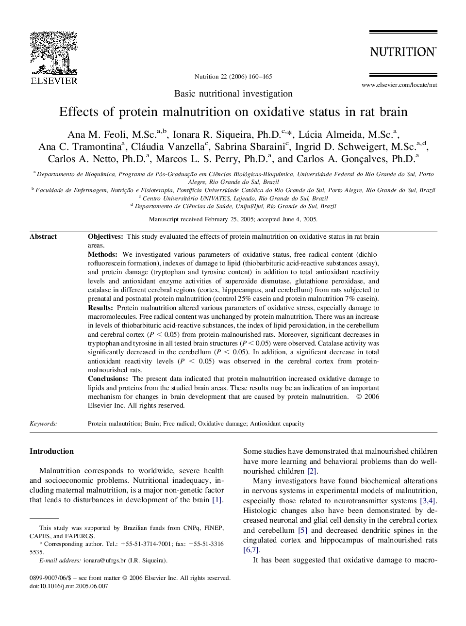 Effects of protein malnutrition on oxidative status in rat brain 