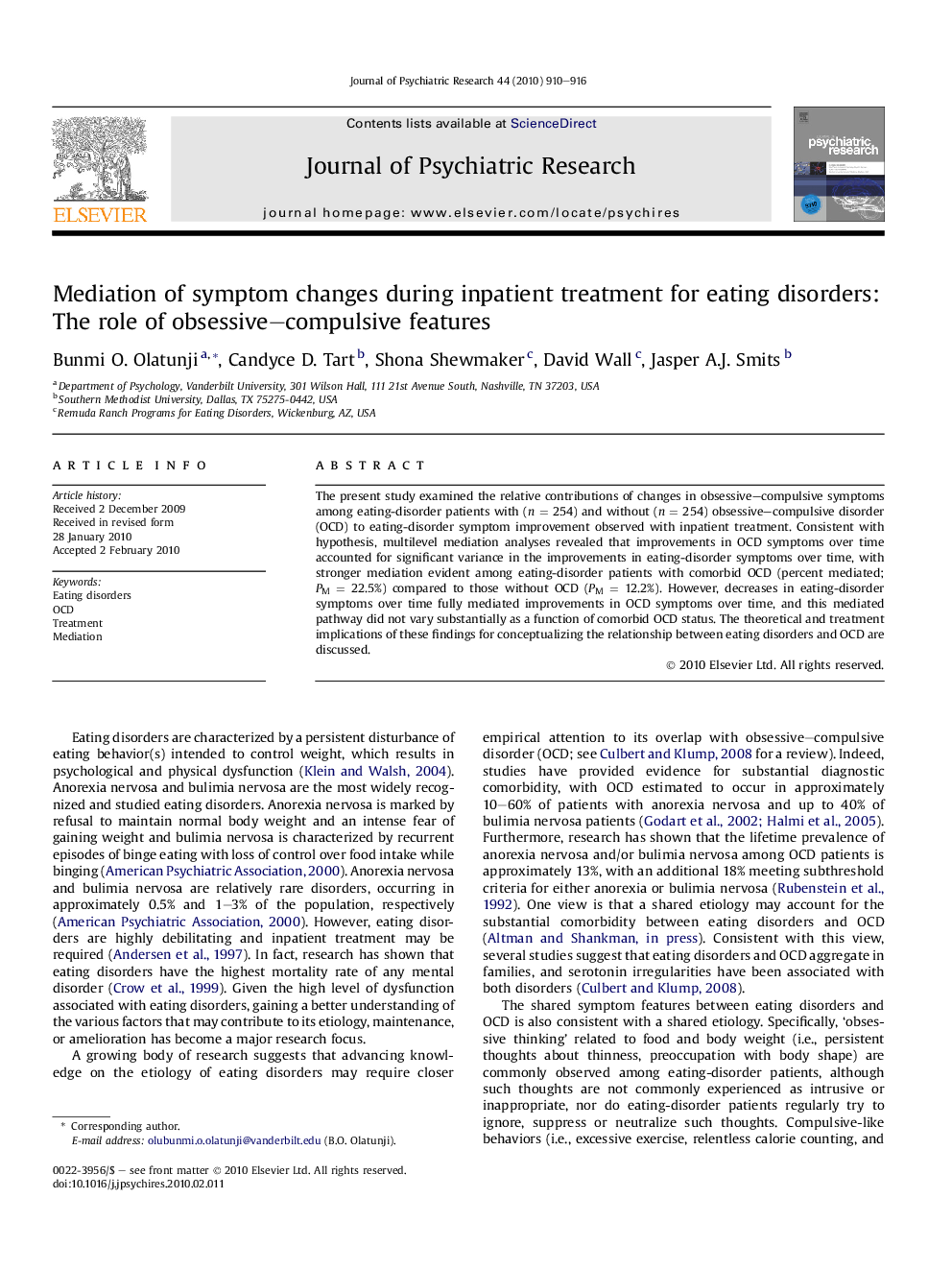 Mediation of symptom changes during inpatient treatment for eating disorders: The role of obsessive–compulsive features