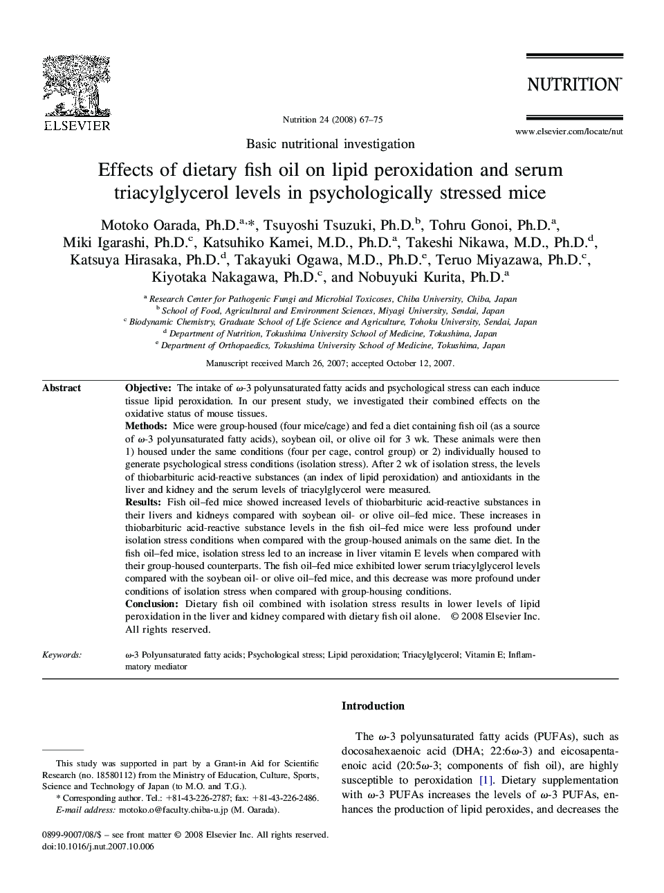 Effects of dietary fish oil on lipid peroxidation and serum triacylglycerol levels in psychologically stressed mice 