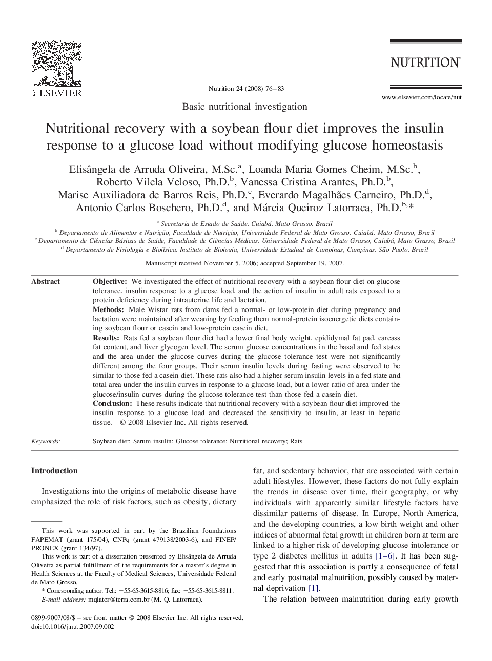 Nutritional recovery with a soybean flour diet improves the insulin response to a glucose load without modifying glucose homeostasis 