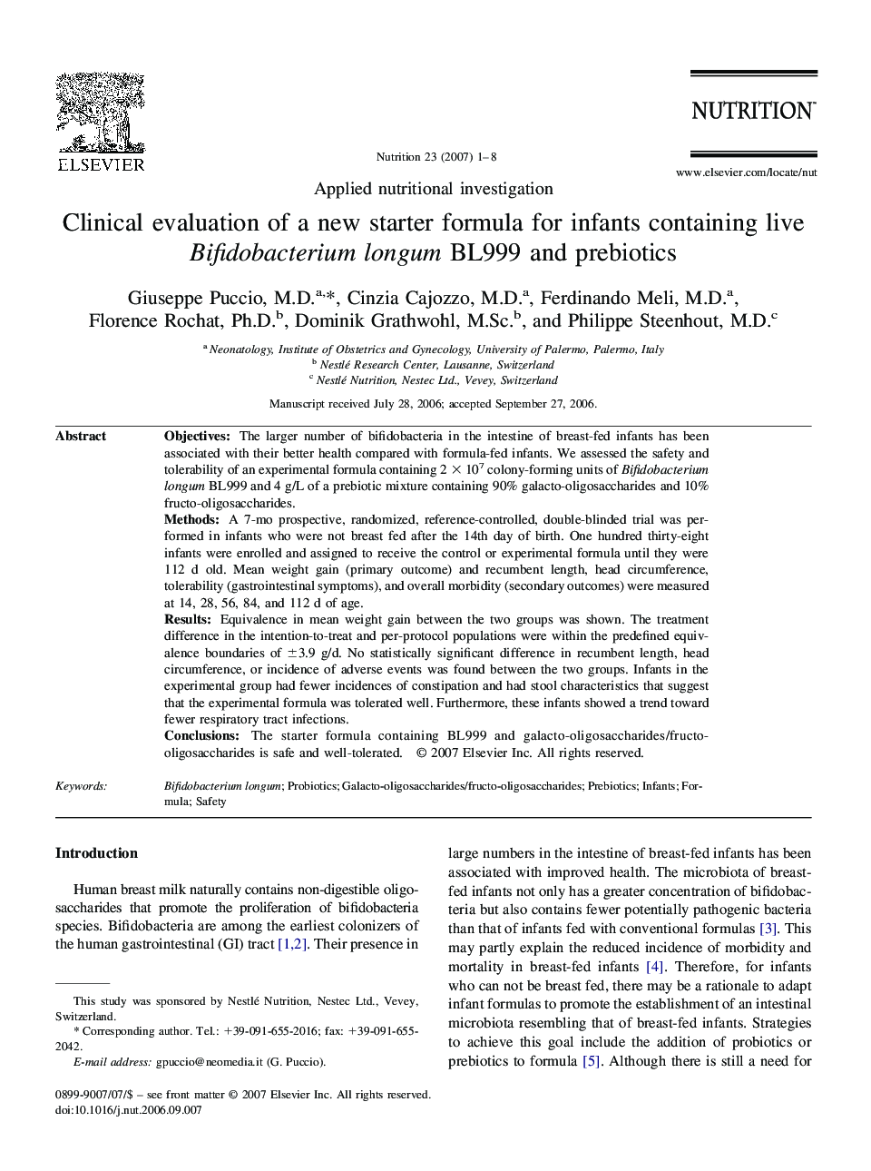 Clinical evaluation of a new starter formula for infants containing live Bifidobacterium longum BL999 and prebiotics 