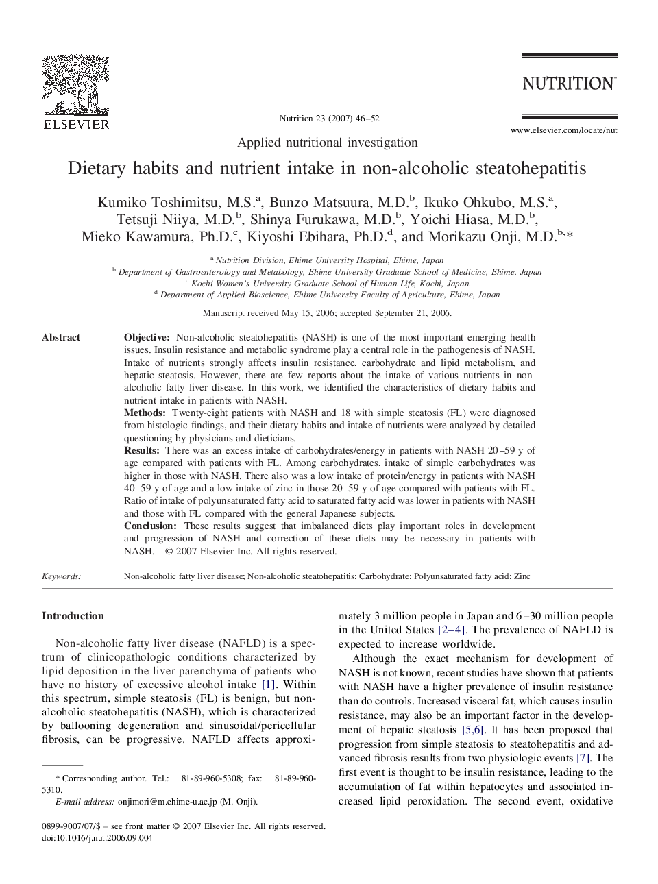 Dietary habits and nutrient intake in non-alcoholic steatohepatitis