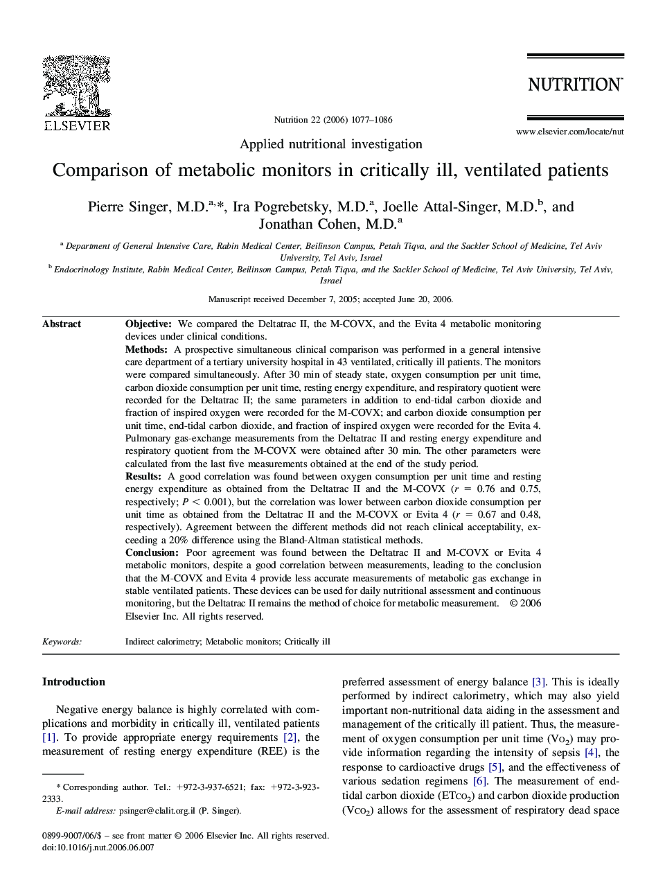 Comparison of metabolic monitors in critically ill, ventilated patients