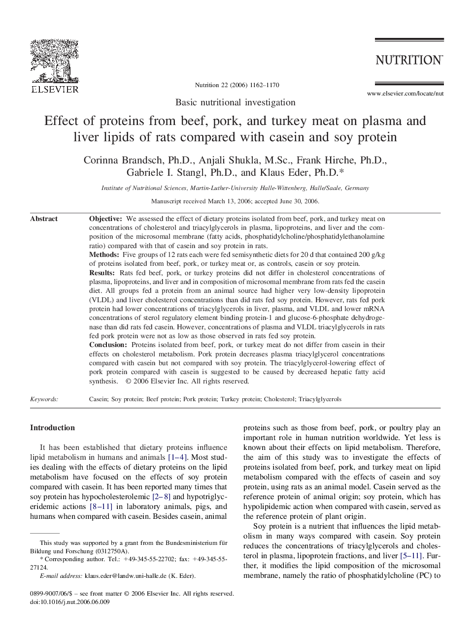 Effect of proteins from beef, pork, and turkey meat on plasma and liver lipids of rats compared with casein and soy protein 