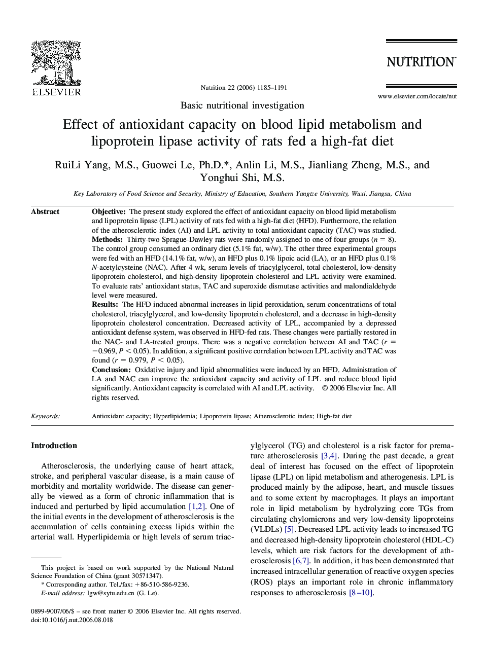 عکس صفحه اول مقاله: Effect of antioxidant capacity on blood lipid metabolism and lipoprotein lipase activity of rats fed a high-fat diet Effect of antioxidant capacity on blood lipid metabolism and lipoprotein lipase activity of rats fed a high-fat diet