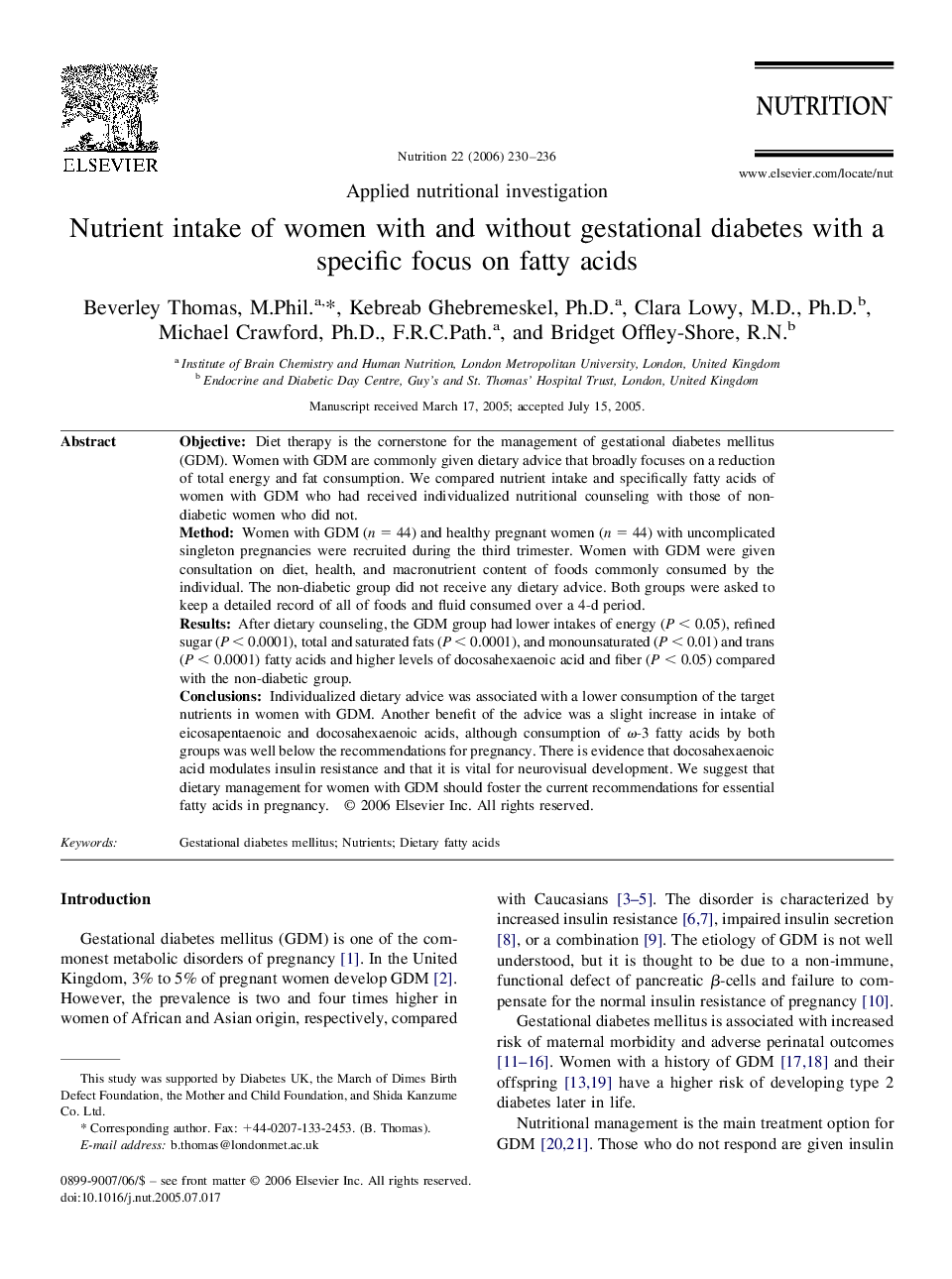 Nutrient intake of women with and without gestational diabetes with a specific focus on fatty acids 