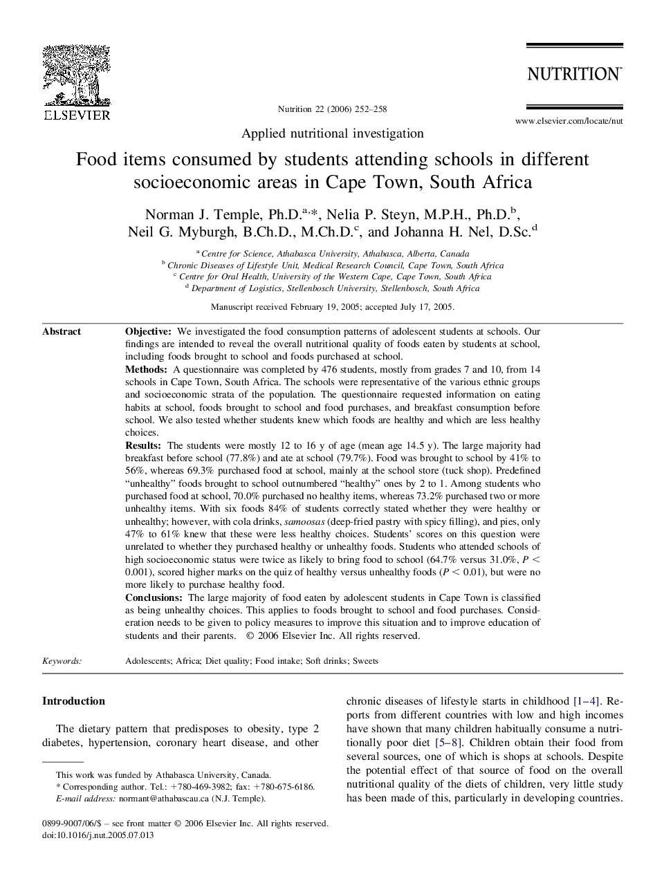 Food items consumed by students attending schools in different socioeconomic areas in Cape Town, South Africa 