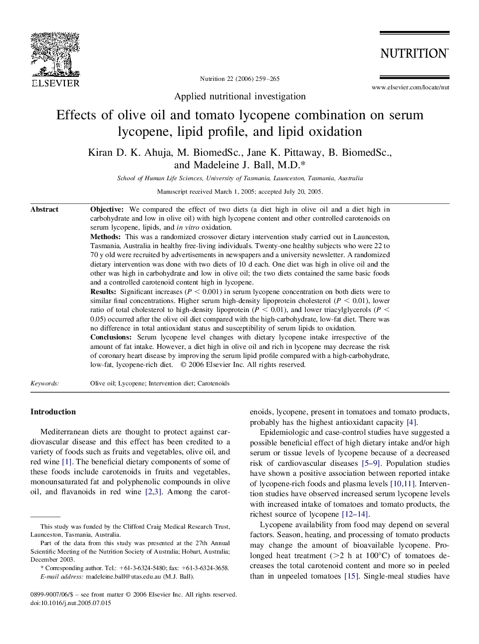 Effects of olive oil and tomato lycopene combination on serum lycopene, lipid profile, and lipid oxidation 