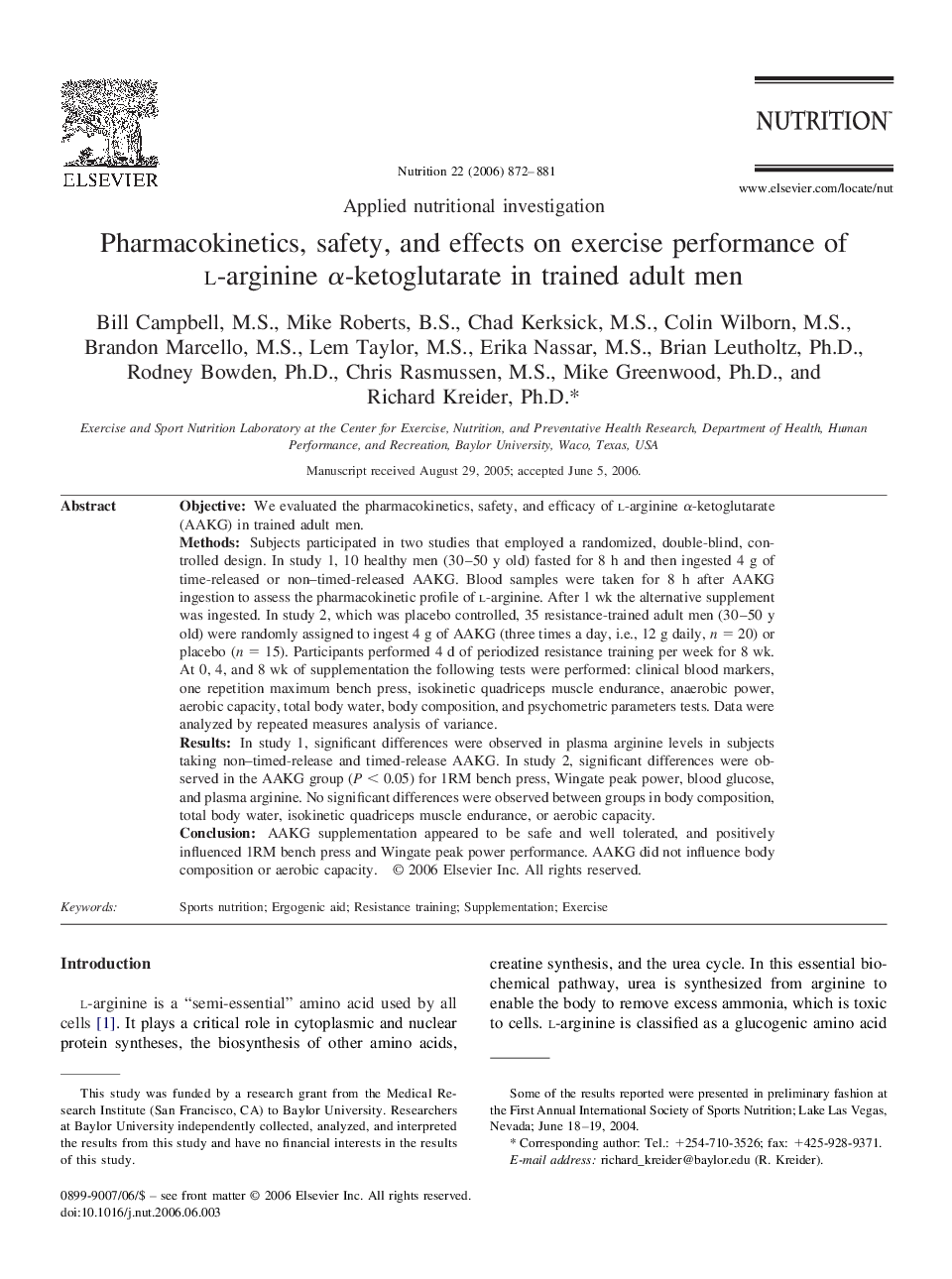 Pharmacokinetics, safety, and effects on exercise performance of l-arginine α-ketoglutarate in trained adult men 