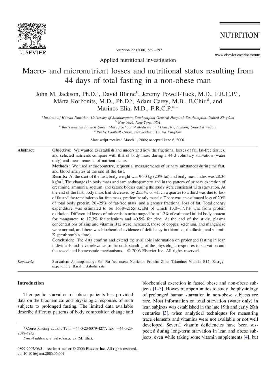 Macro- and micronutrient losses and nutritional status resulting from 44 days of total fasting in a non-obese man