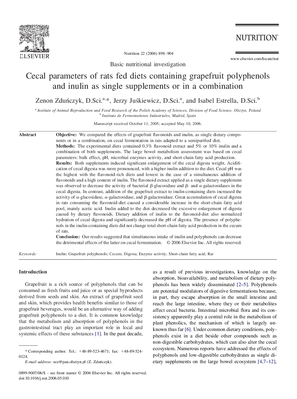 Cecal parameters of rats fed diets containing grapefruit polyphenols and inulin as single supplements or in a combination