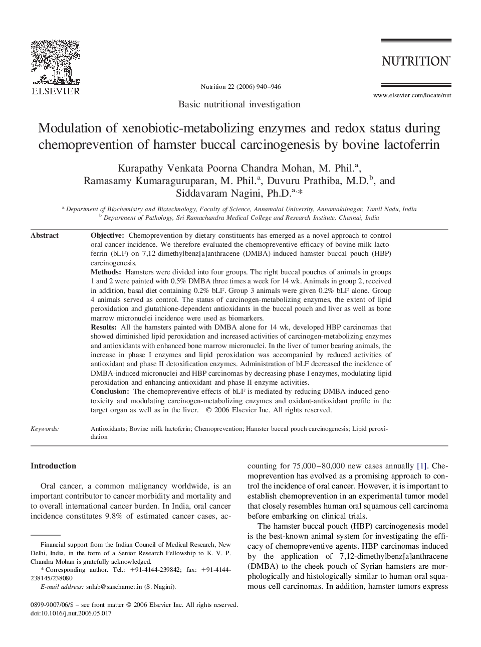 Modulation of xenobiotic-metabolizing enzymes and redox status during chemoprevention of hamster buccal carcinogenesis by bovine lactoferrin 