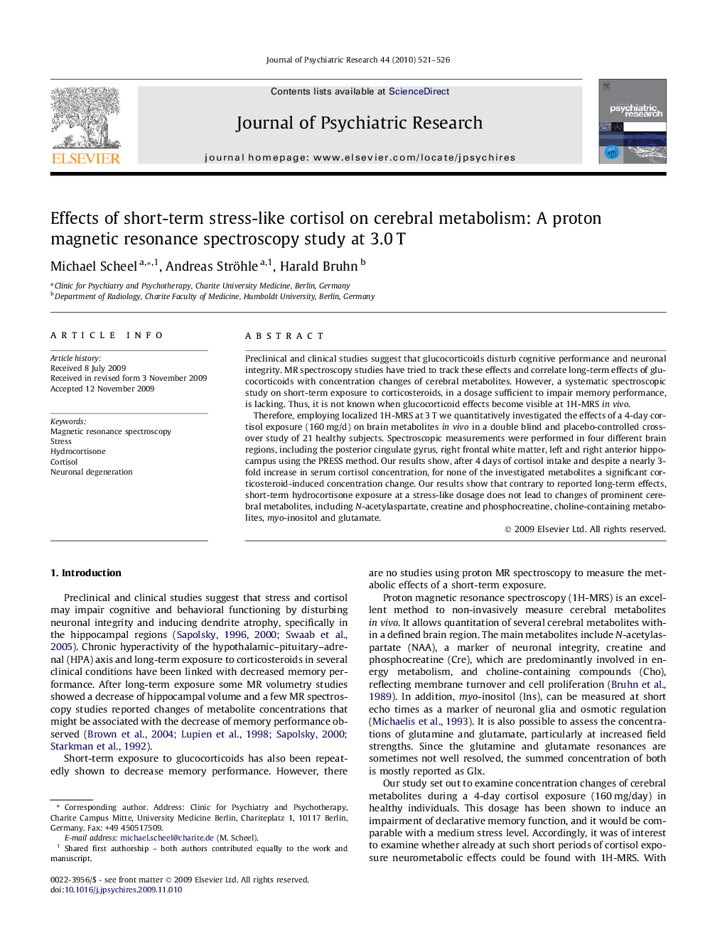 Effects of short-term stress-like cortisol on cerebral metabolism: A proton magnetic resonance spectroscopy study at 3.0 T