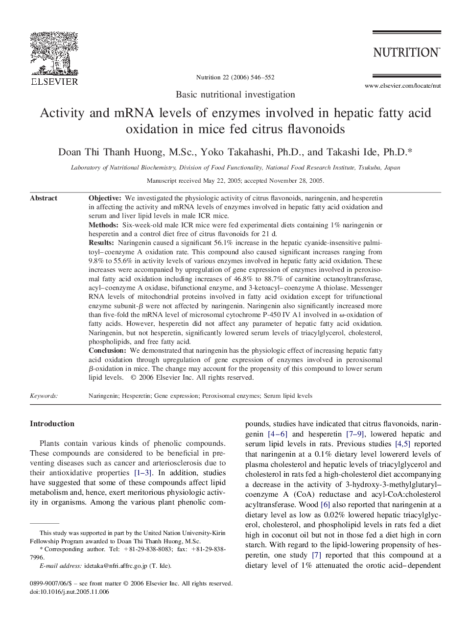 Activity and mRNA levels of enzymes involved in hepatic fatty acid oxidation in mice fed citrus flavonoids 