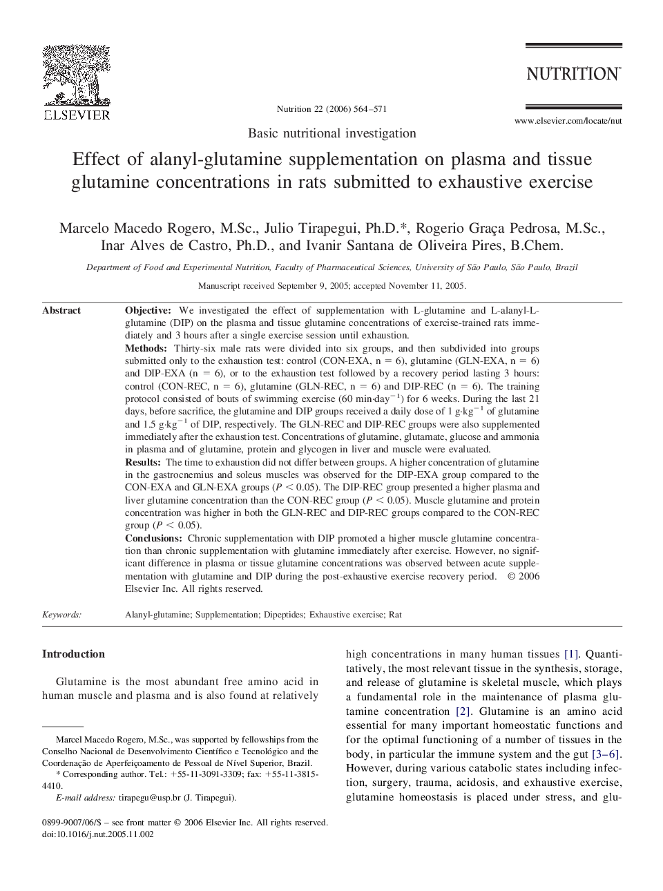 Effect of alanyl-glutamine supplementation on plasma and tissue glutamine concentrations in rats submitted to exhaustive exercise 