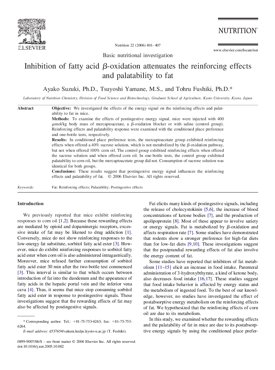 Inhibition of fatty acid β-oxidation attenuates the reinforcing effects and palatability to fat