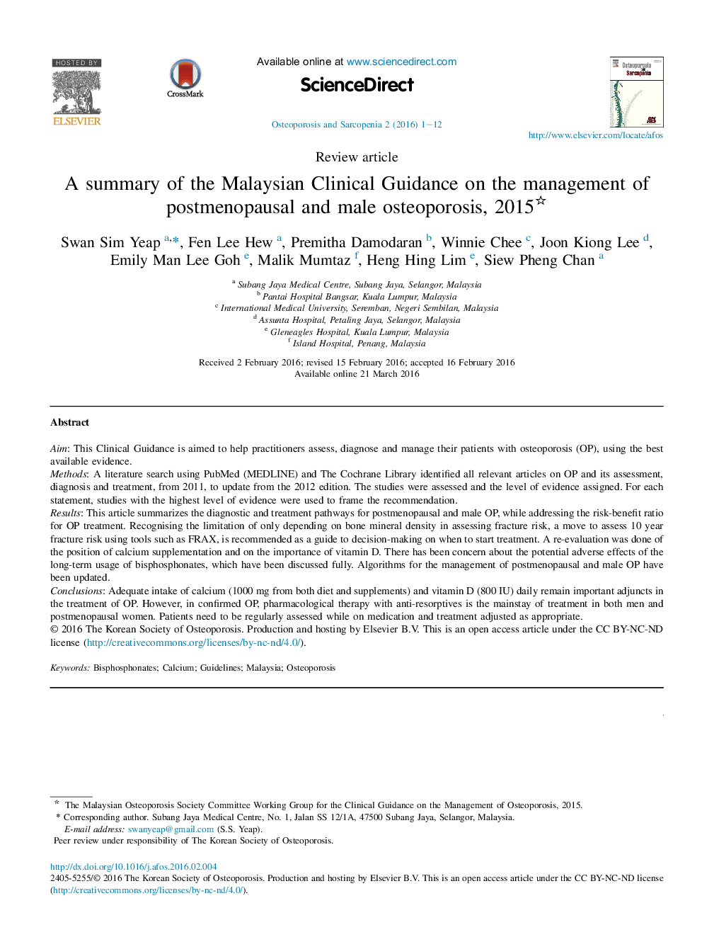 A summary of the Malaysian Clinical Guidance on the management of postmenopausal and male osteoporosis, 2015 