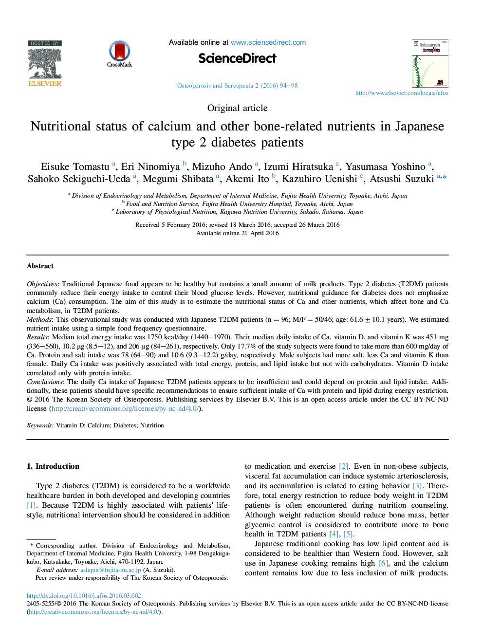 Nutritional status of calcium and other bone-related nutrients in Japanese type 2 diabetes patients 