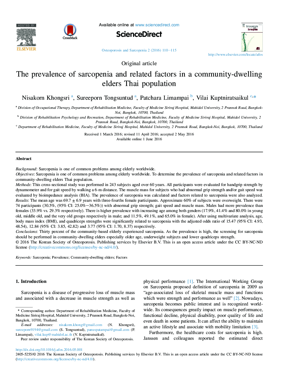 The prevalence of sarcopenia and related factors in a community-dwelling elders Thai population 