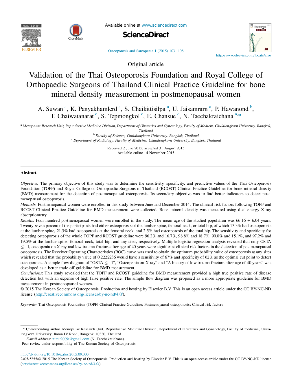 Validation of the Thai Osteoporosis Foundation and Royal College of Orthopaedic Surgeons of Thailand Clinical Practice Guideline for bone mineral density measurement in postmenopausal women 