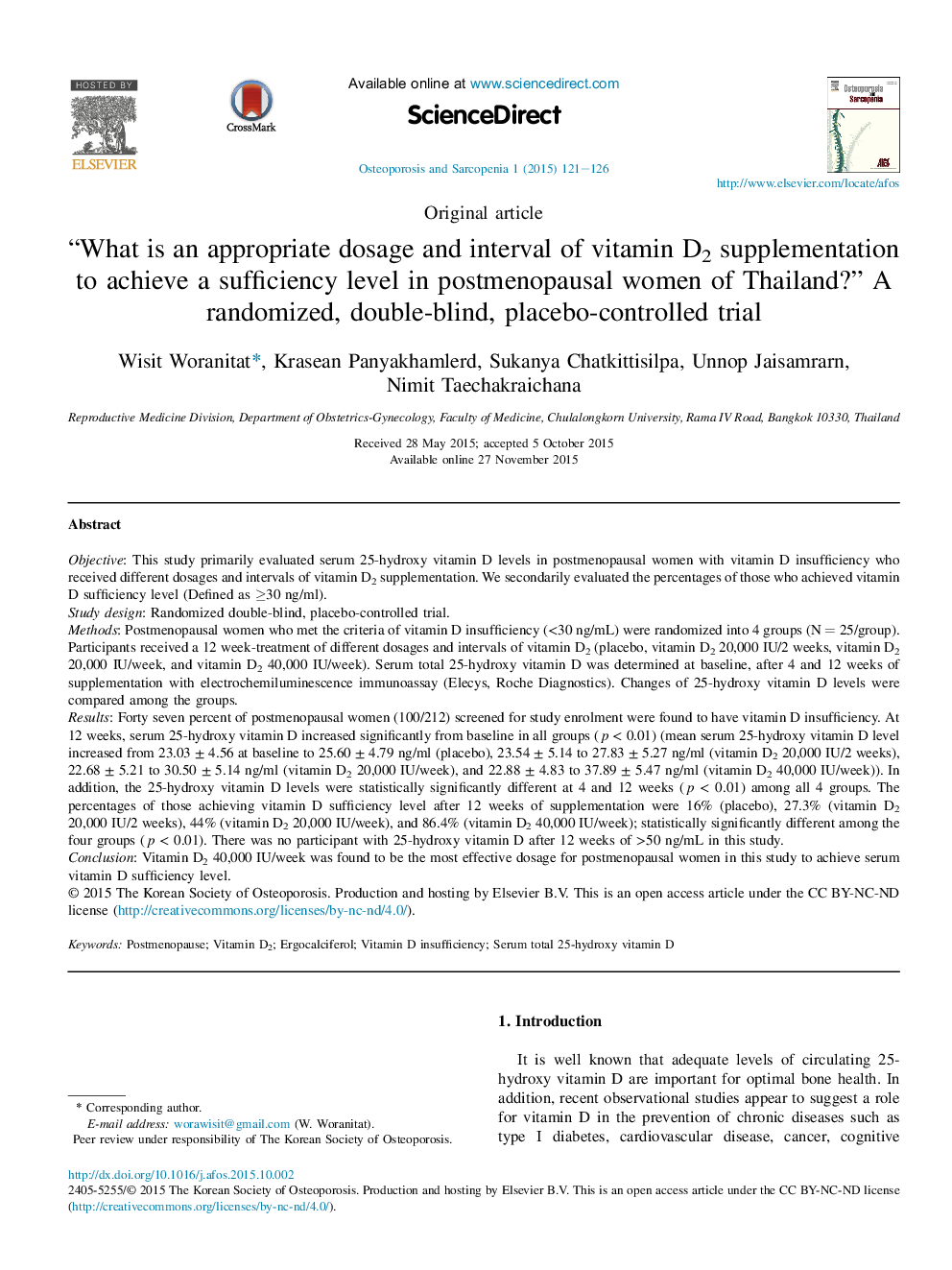 “What is an appropriate dosage and interval of vitamin D2 supplementation to achieve a sufficiency level in postmenopausal women of Thailand?” A randomized, double-blind, placebo-controlled trial 