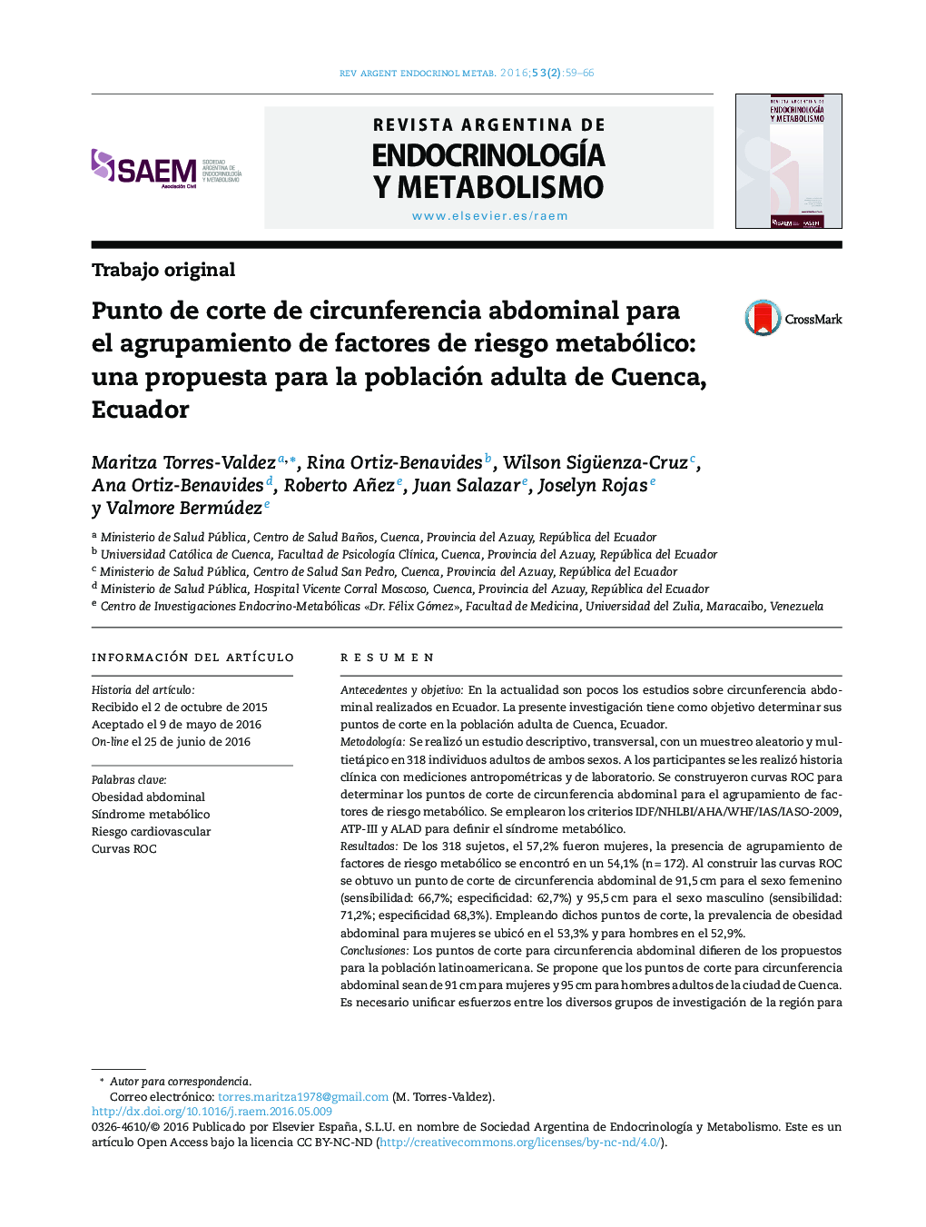 Punto de corte de circunferencia abdominal para el agrupamiento de factores de riesgo metabólico: una propuesta para la población adulta de Cuenca, Ecuador