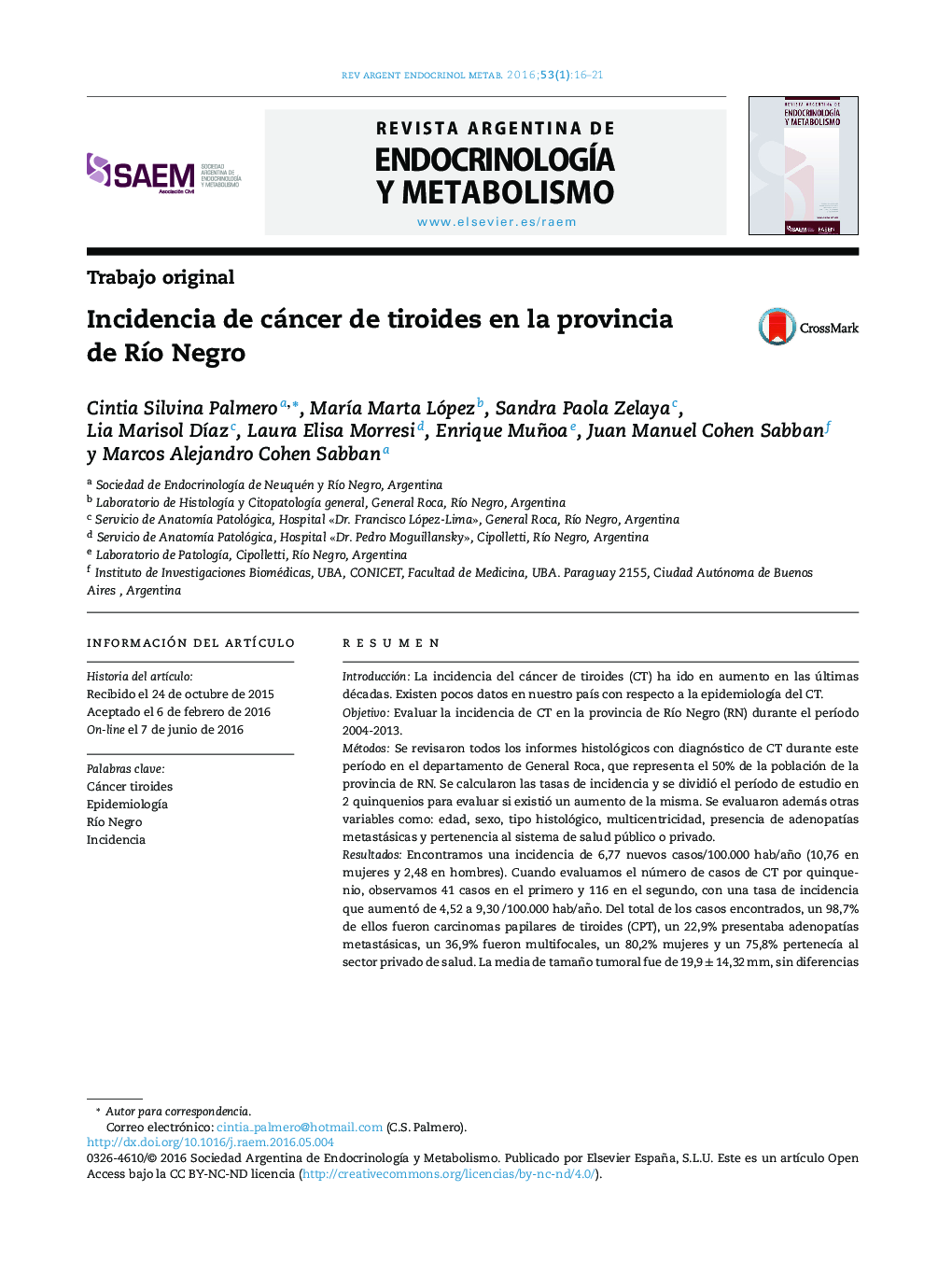 Incidencia de cáncer de tiroides en la provincia de Río Negro