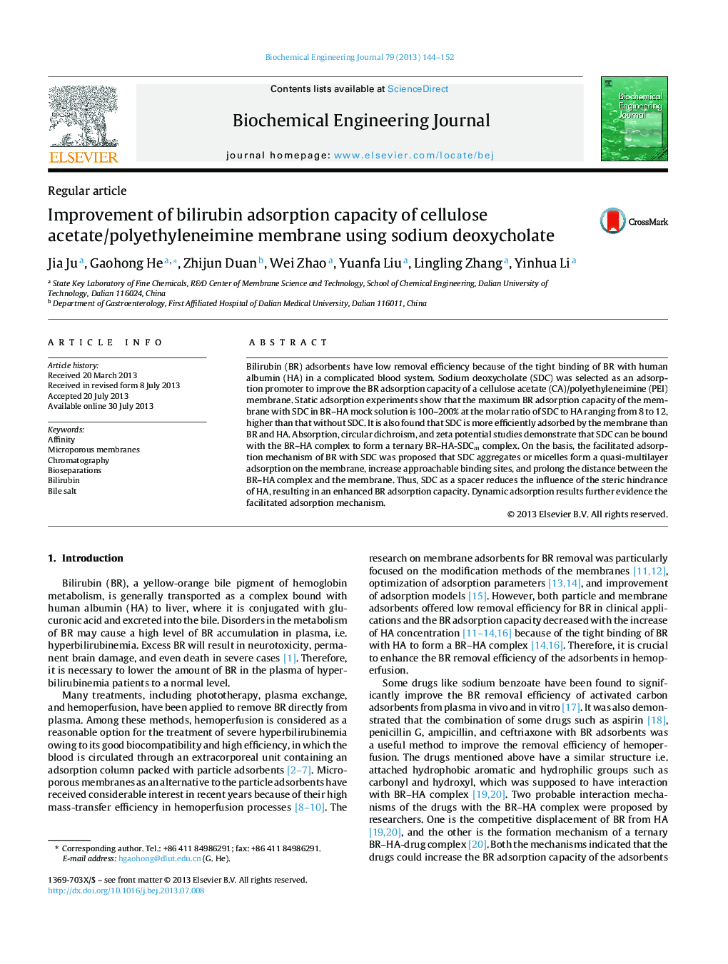 Improvement of bilirubin adsorption capacity of cellulose acetate/polyethyleneimine membrane using sodium deoxycholate