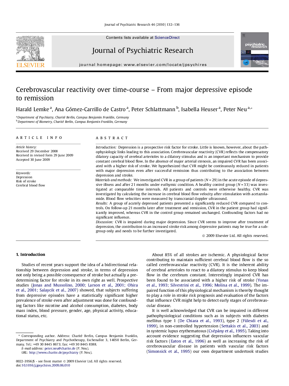 Cerebrovascular reactivity over time-course – From major depressive episode to remission