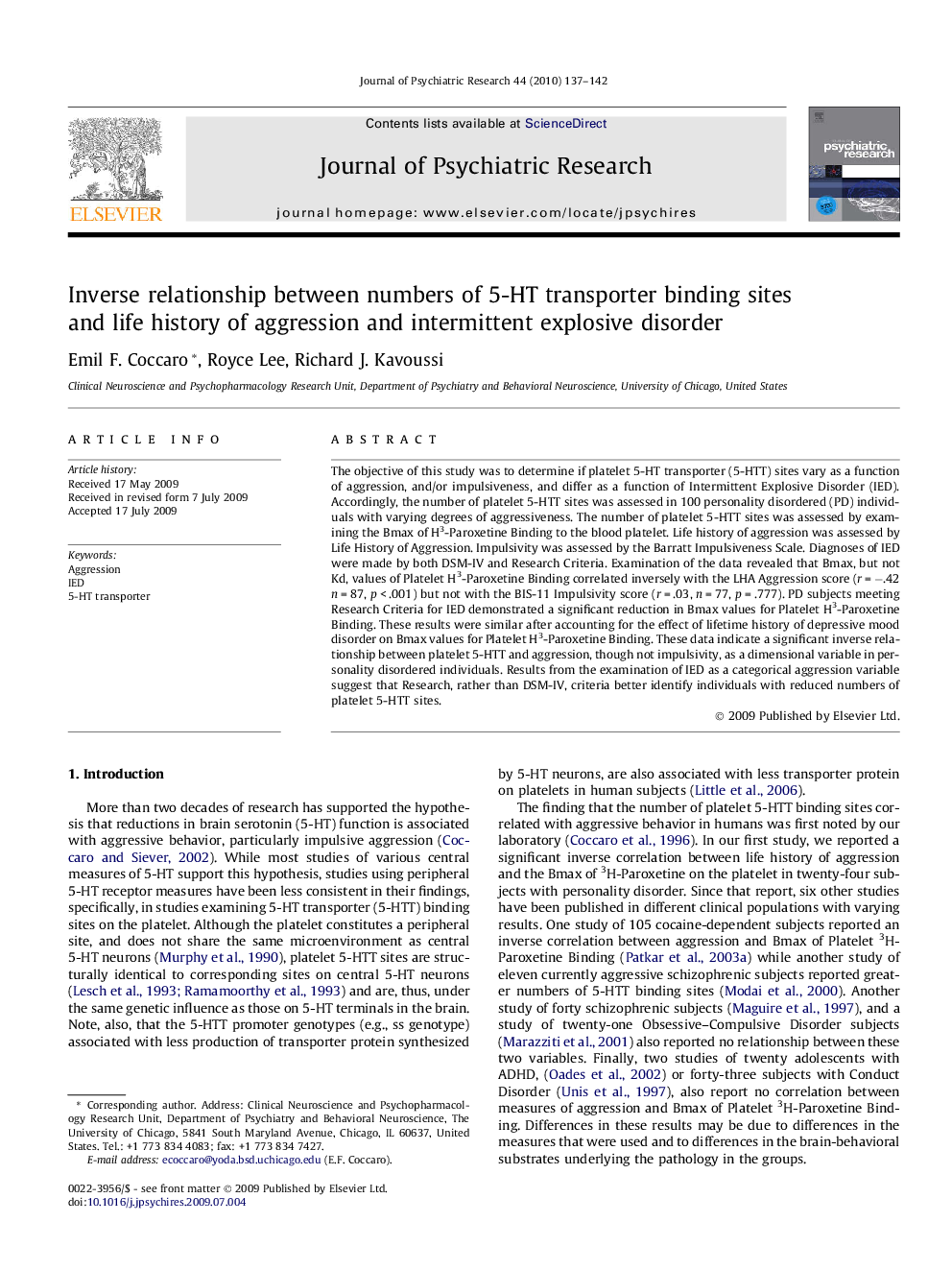 Inverse relationship between numbers of 5-HT transporter binding sites and life history of aggression and intermittent explosive disorder