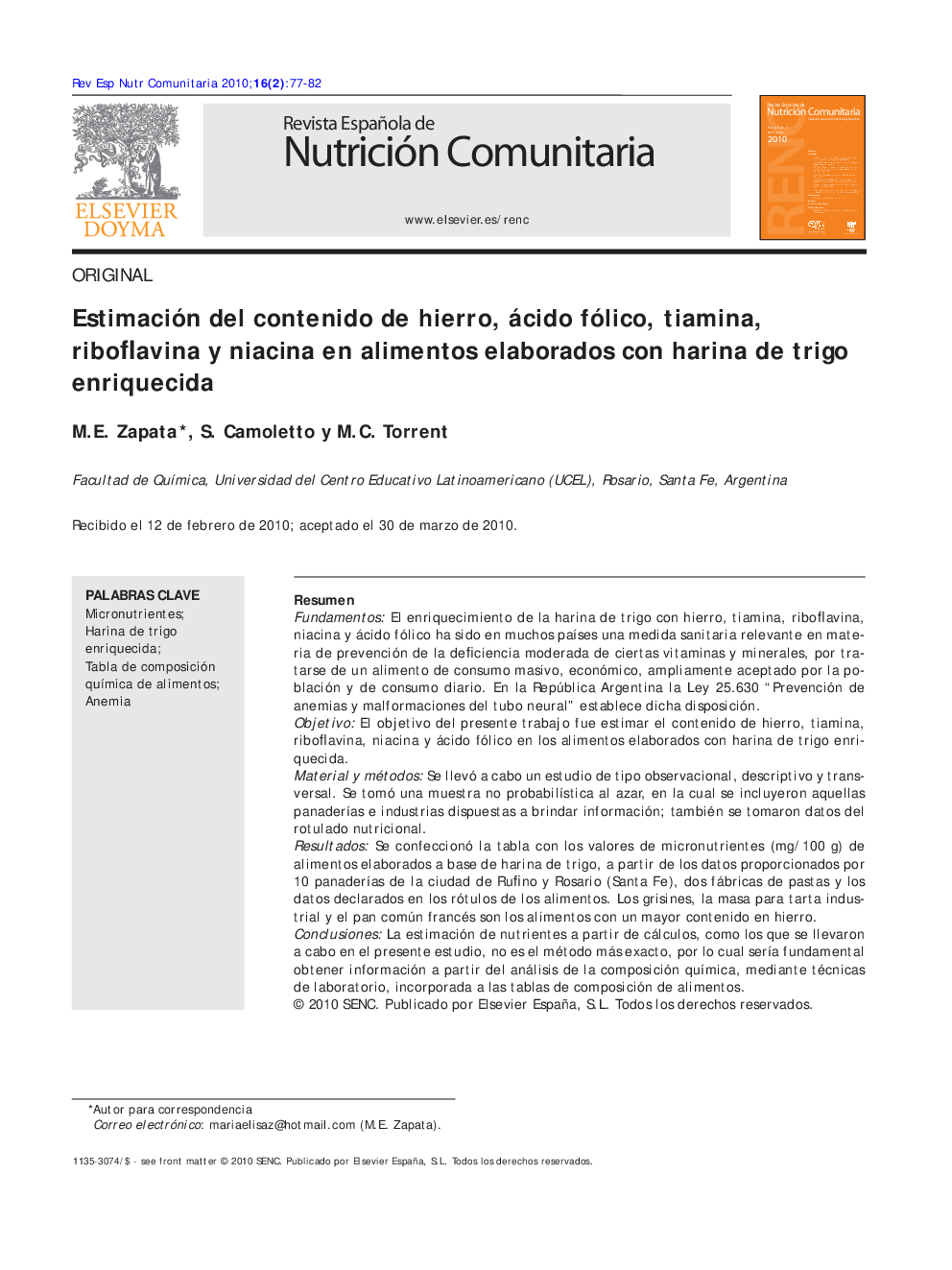 Estimación del contenido de hierro, ácido fólico, tiamina, riboflavina y niacina en alimentos elaborados con harina de trigo enriquecida