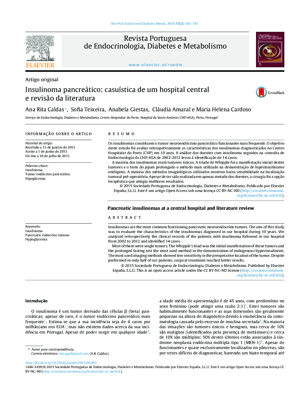 Insulinoma pancreático: casuística de um hospital central e revisão da literatura