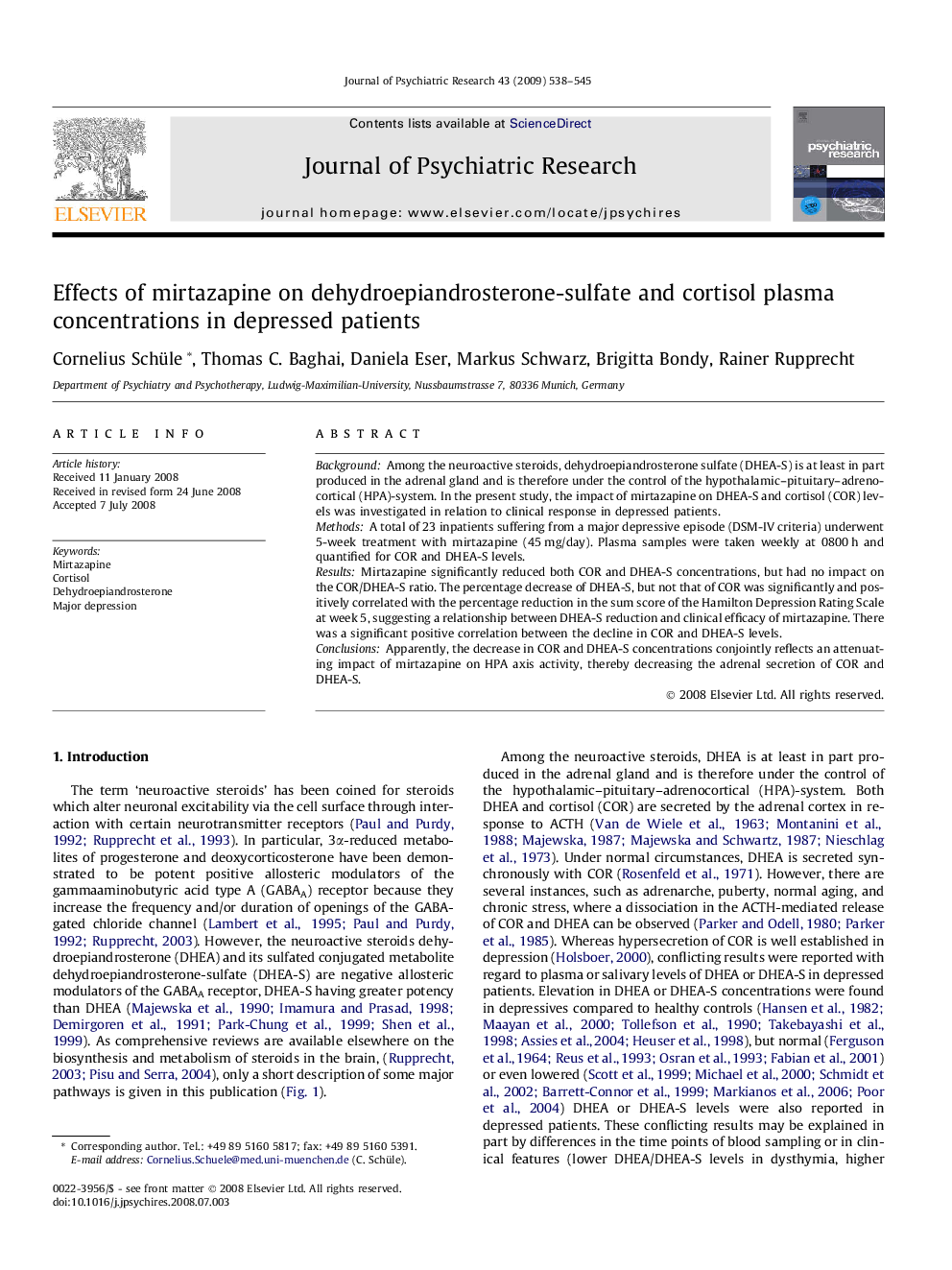 Effects of mirtazapine on dehydroepiandrosterone-sulfate and cortisol plasma concentrations in depressed patients