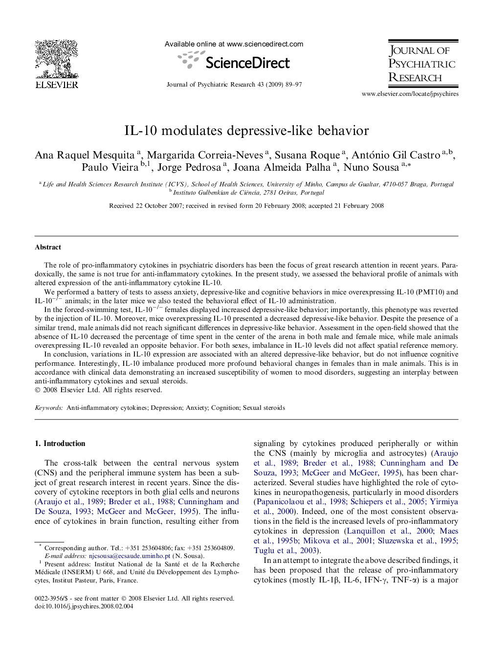 IL-10 modulates depressive-like behavior