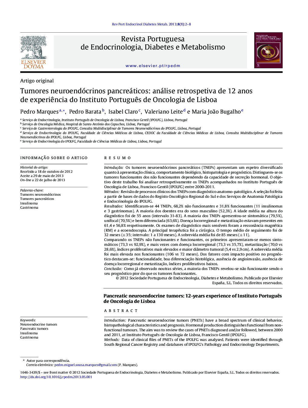 Tumores neuroendócrinos pancreáticos: análise retrospetiva de 12 anos de experiência do Instituto Português de Oncologia de Lisboa