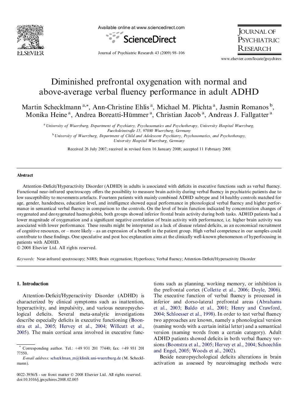 Diminished prefrontal oxygenation with normal and above-average verbal fluency performance in adult ADHD