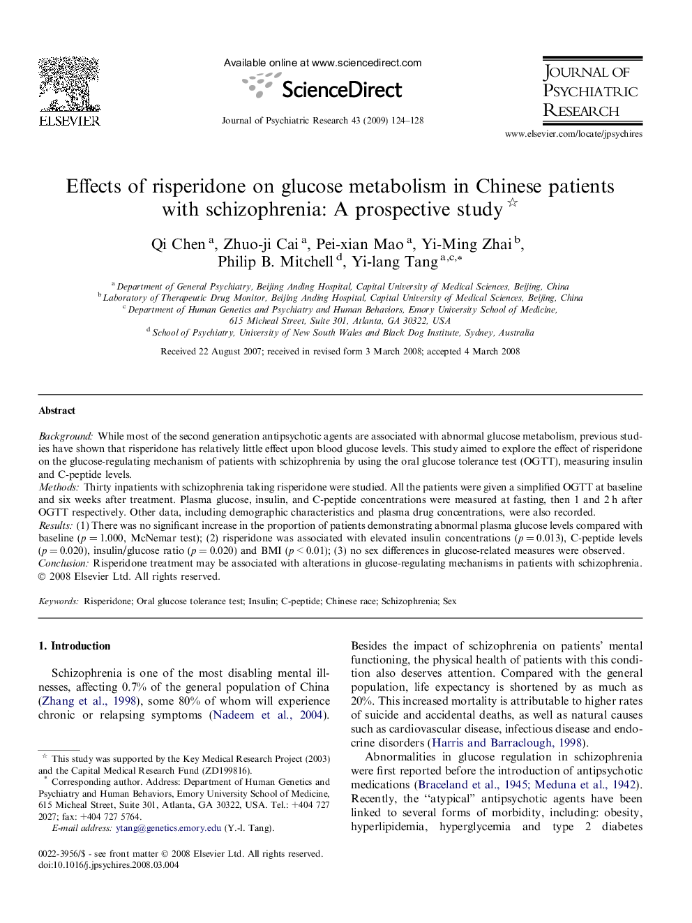 Effects of risperidone on glucose metabolism in Chinese patients with schizophrenia: A prospective study 