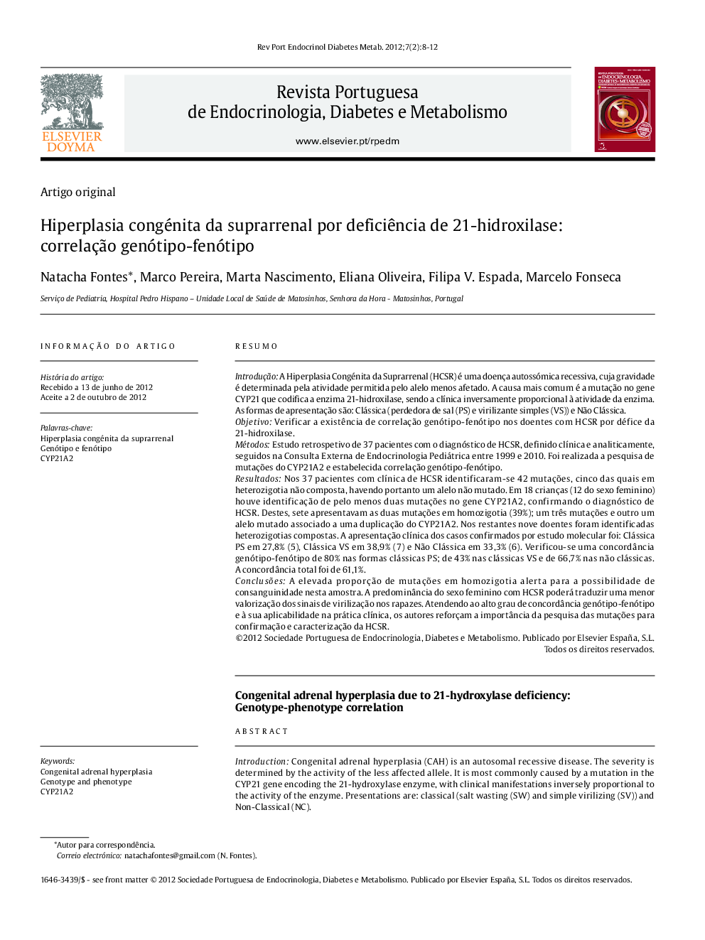 Hiperplasia congénita da suprarrenal por deficiência de 21-hidroxilase: correlação genótipo-fenótipo