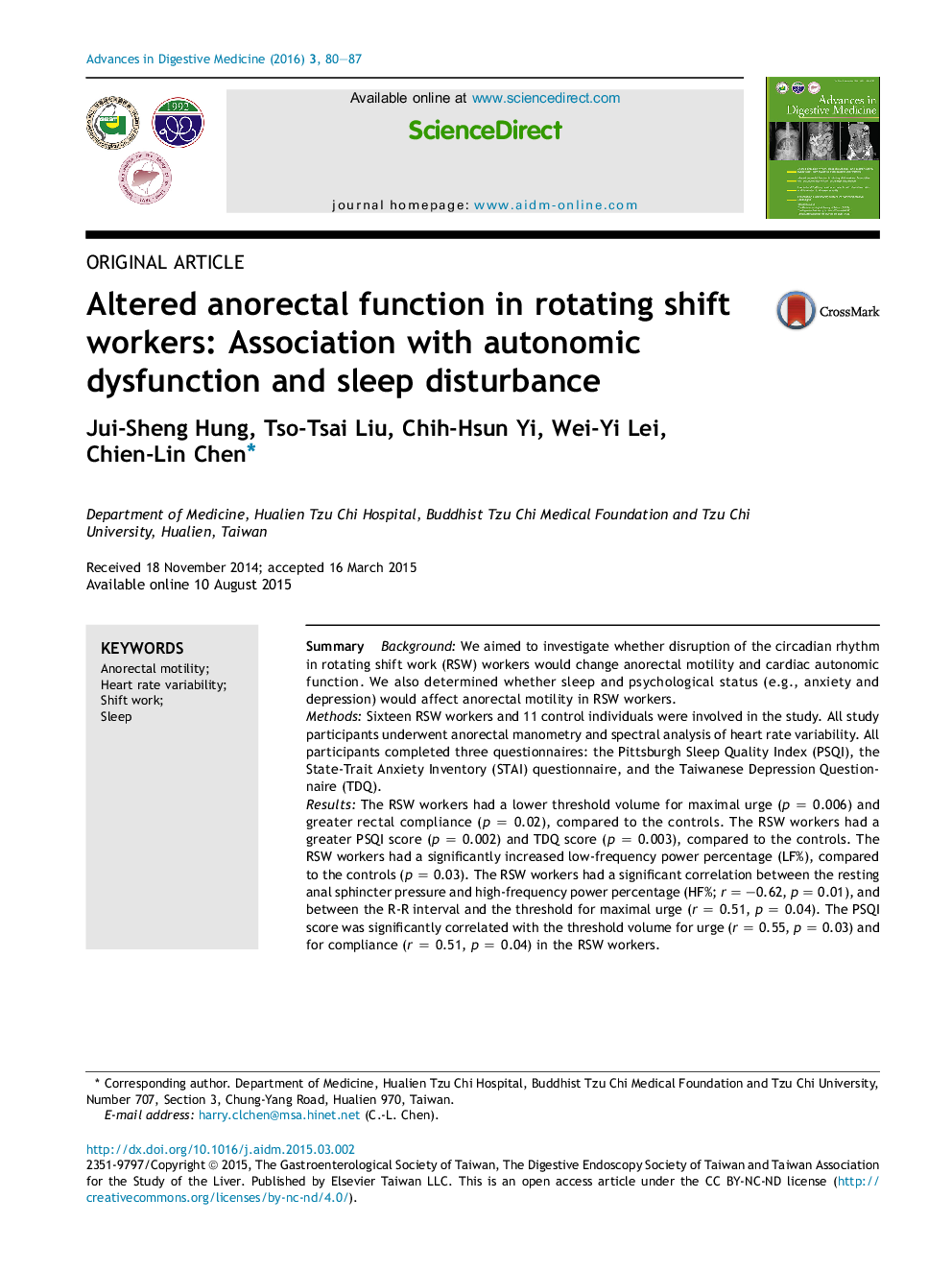 Altered anorectal function in rotating shift workers: Association with autonomic dysfunction and sleep disturbance