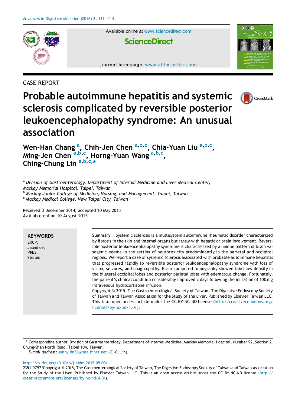 Probable autoimmune hepatitis and systemic sclerosis complicated by reversible posterior leukoencephalopathy syndrome: An unusual association