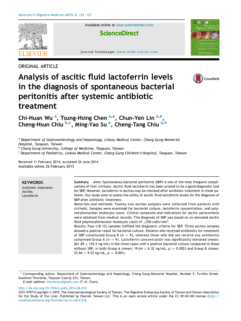 Analysis of ascitic fluid lactoferrin levels in the diagnosis of spontaneous bacterial peritonitis after systemic antibiotic treatment