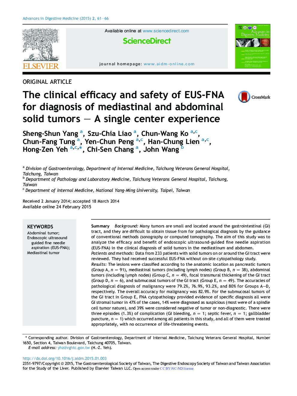 The clinical efficacy and safety of EUS-FNA for diagnosis of mediastinal and abdominal solid tumors – A single center experience
