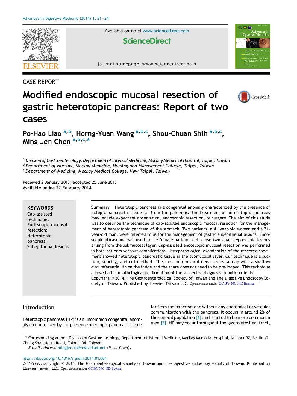 Modified endoscopic mucosal resection of gastric heterotopic pancreas: Report of two cases