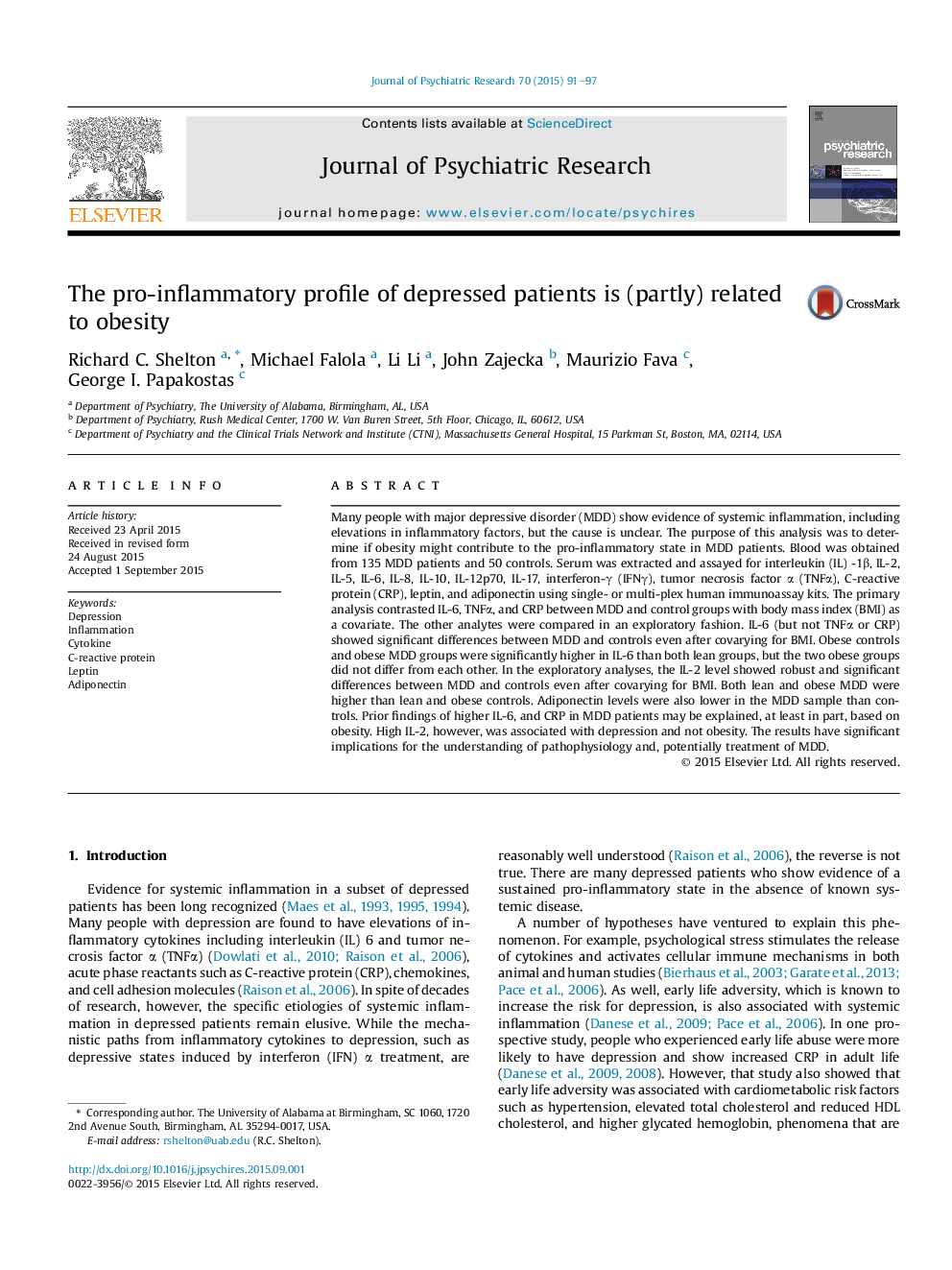 The pro-inflammatory profile of depressed patients is (partly) related to obesity