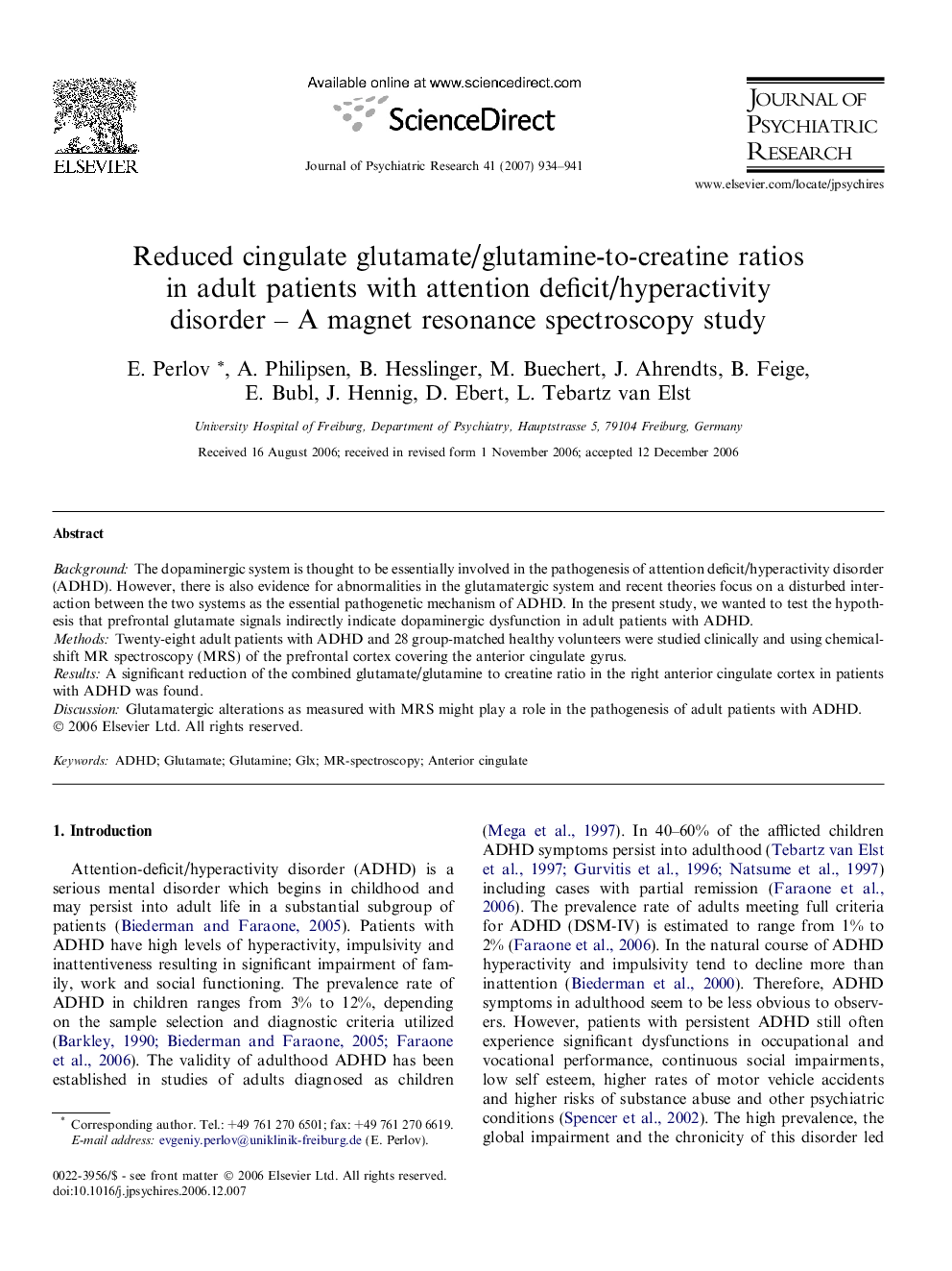 Reduced cingulate glutamate/glutamine-to-creatine ratios in adult patients with attention deficit/hyperactivity disorder – A magnet resonance spectroscopy study