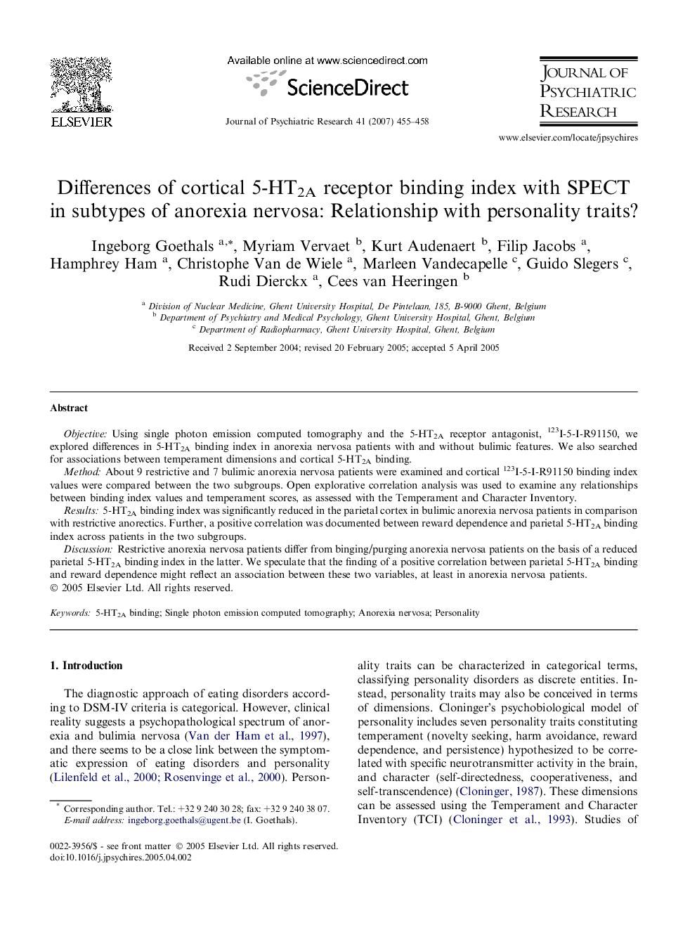 Differences of cortical 5-HT2A receptor binding index with SPECT in subtypes of anorexia nervosa: Relationship with personality traits?